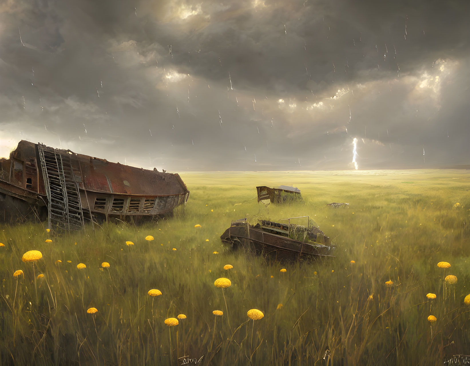 Dramatic shipwrecks in tranquil field with lightning, rain, and yellow flowers