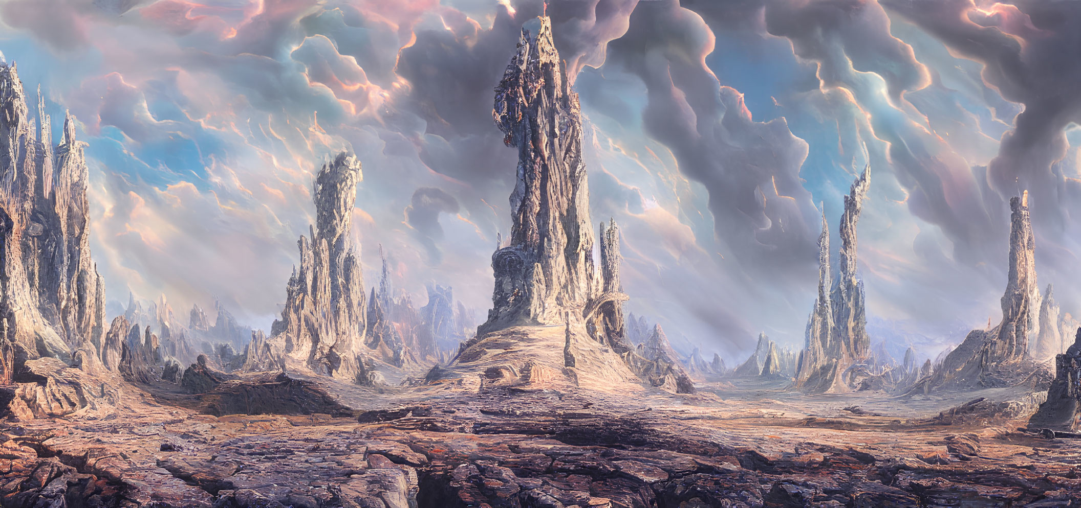 Panoramic fantasy landscape with towering spires and dramatic sky