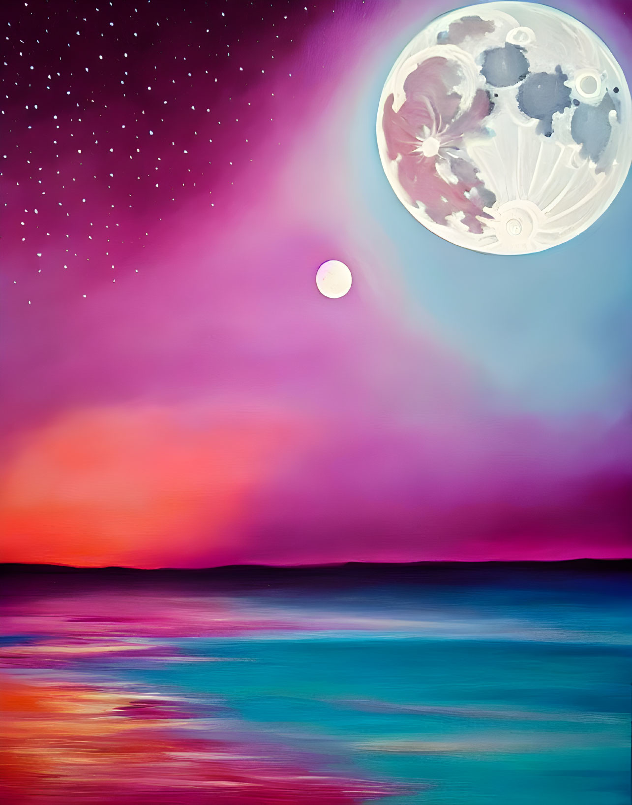 Colorful Seascape Painting with Large Moon and Starry Sky