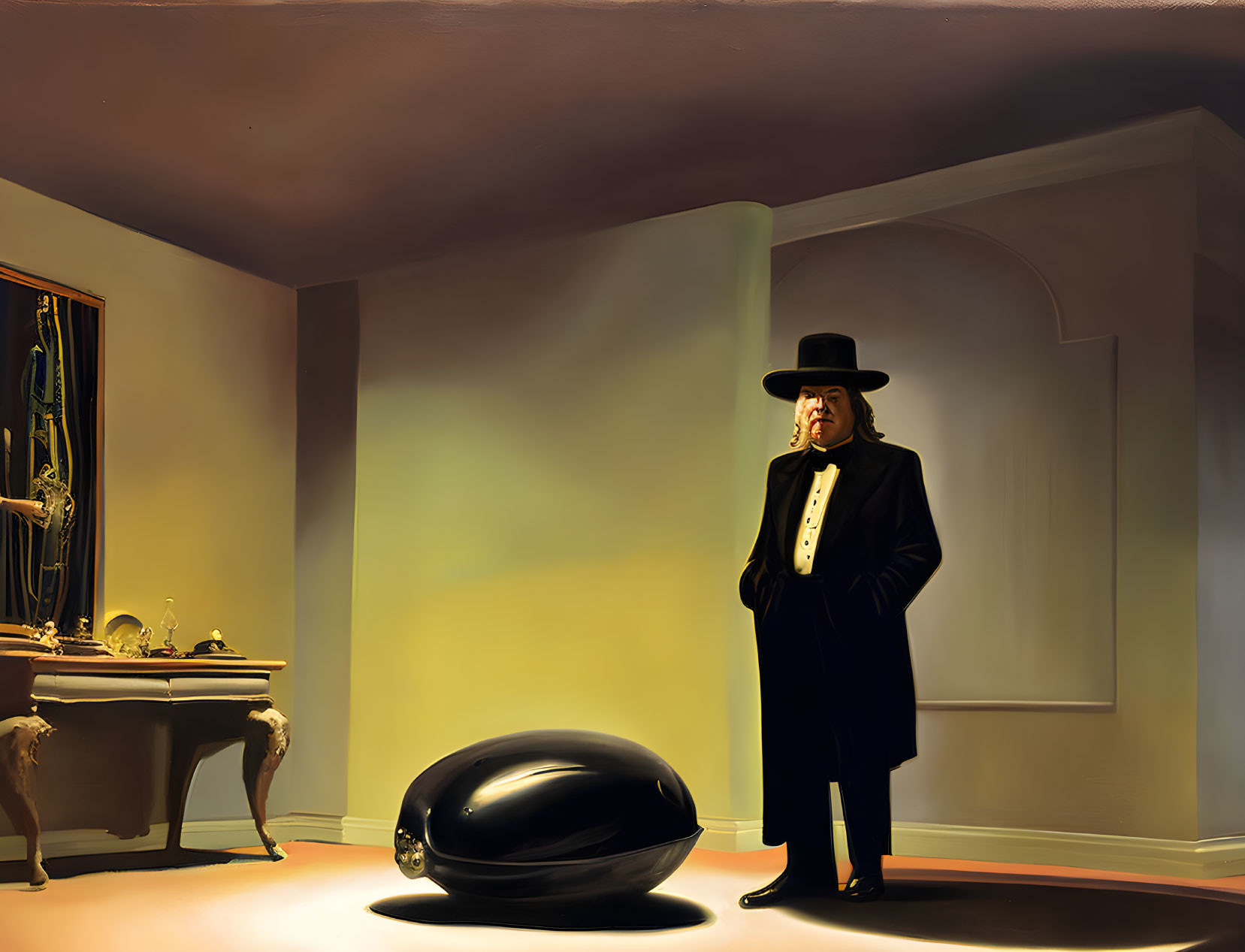 Man in formal black suit and top hat with shiny black egg-shaped object in room