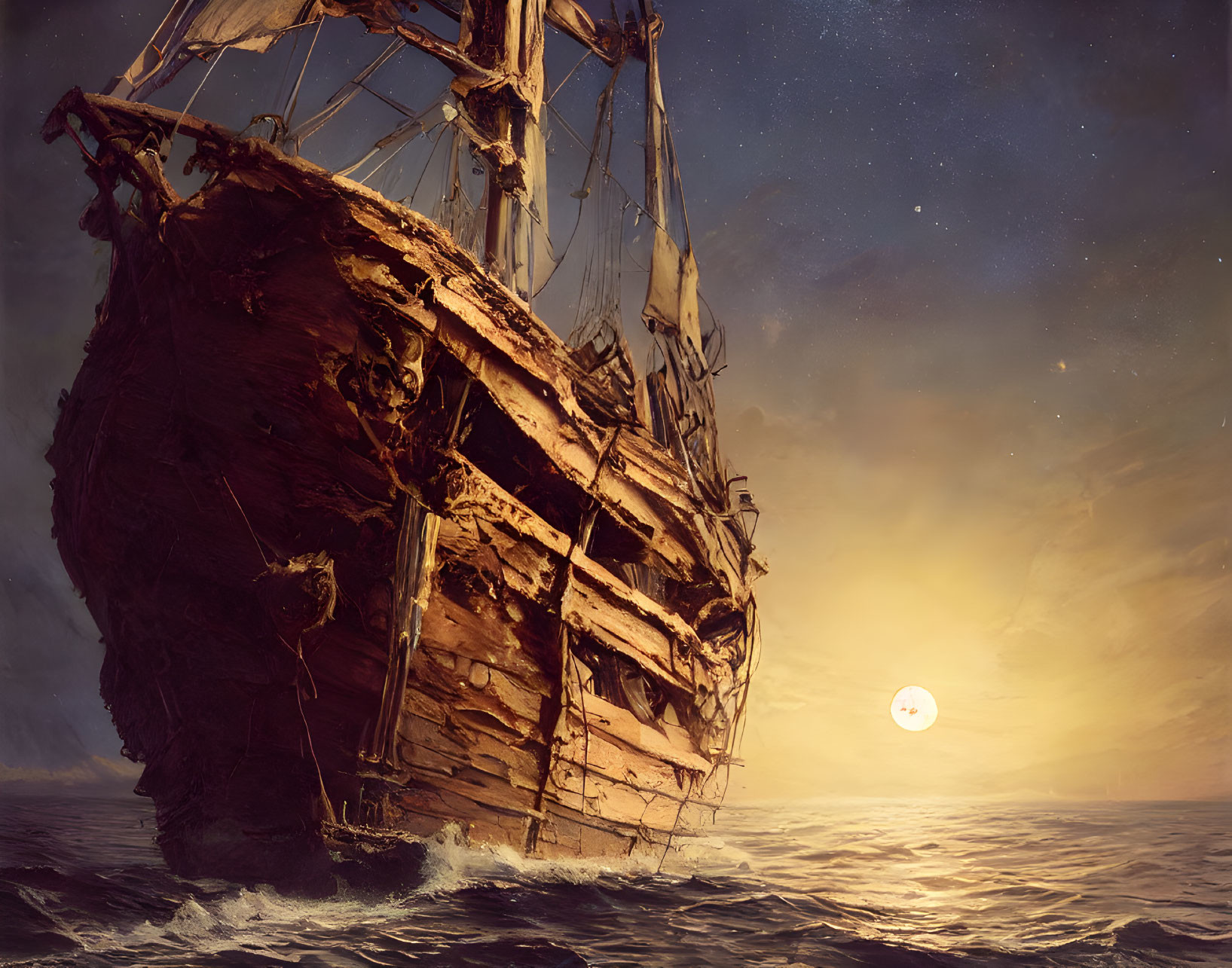 Weathered sailing ship with torn sails at sunset on starry sea.