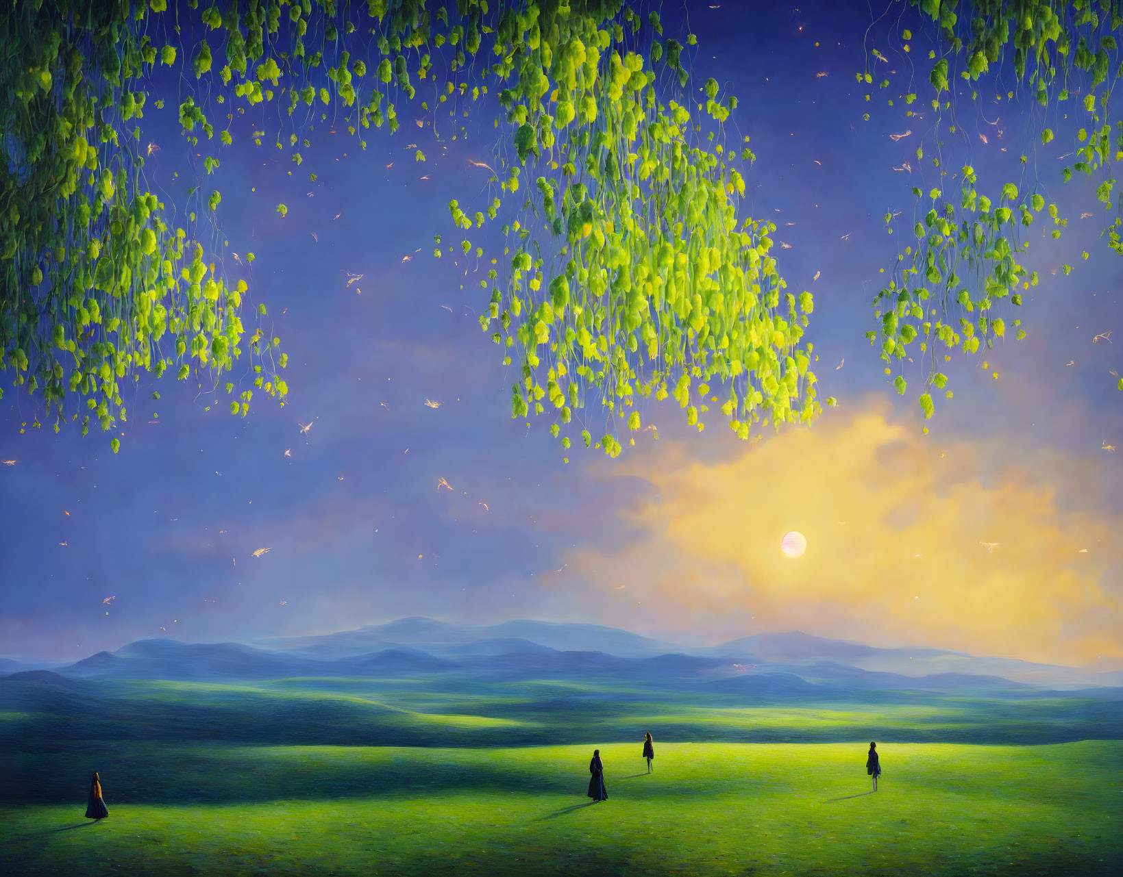 Tranquil painting of people in lush green field at twilight