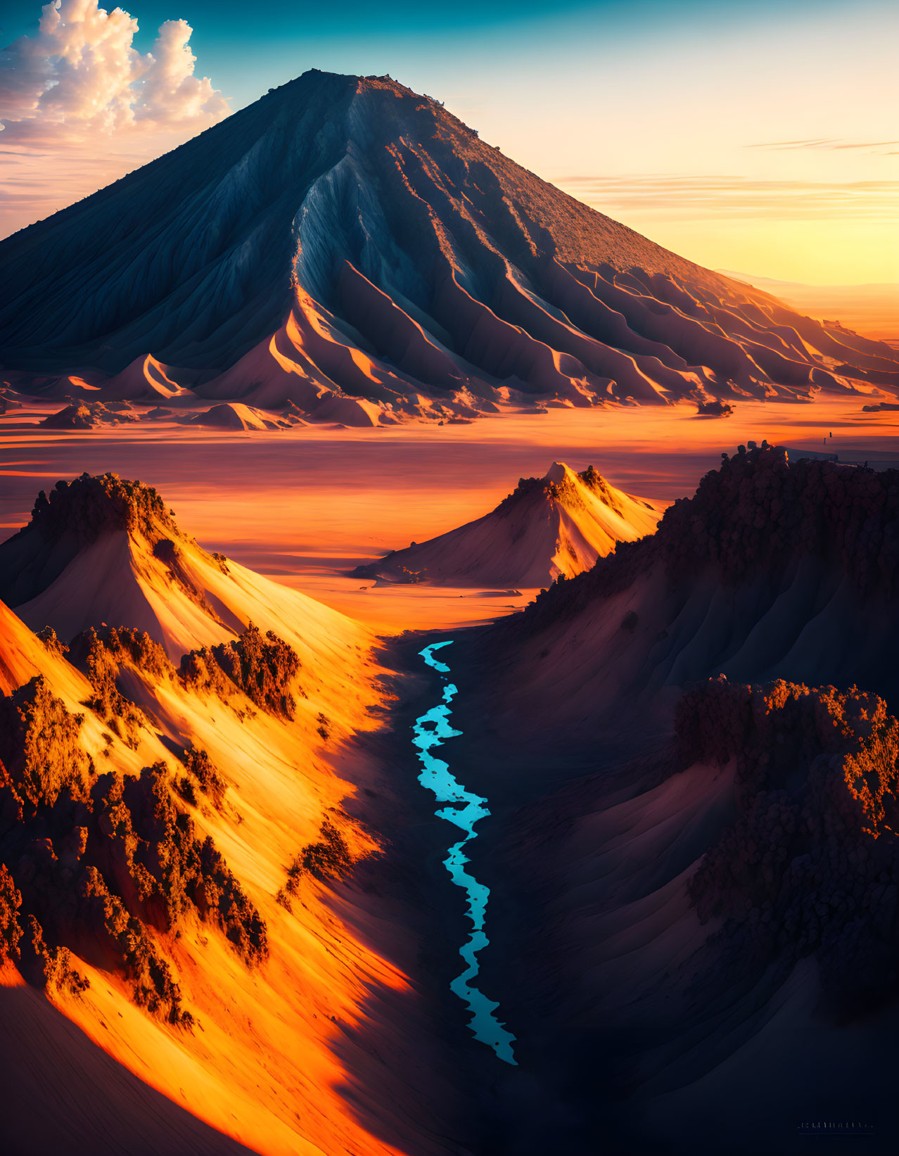 Sunlit ridges of majestic mountain over desert landscape with meandering river