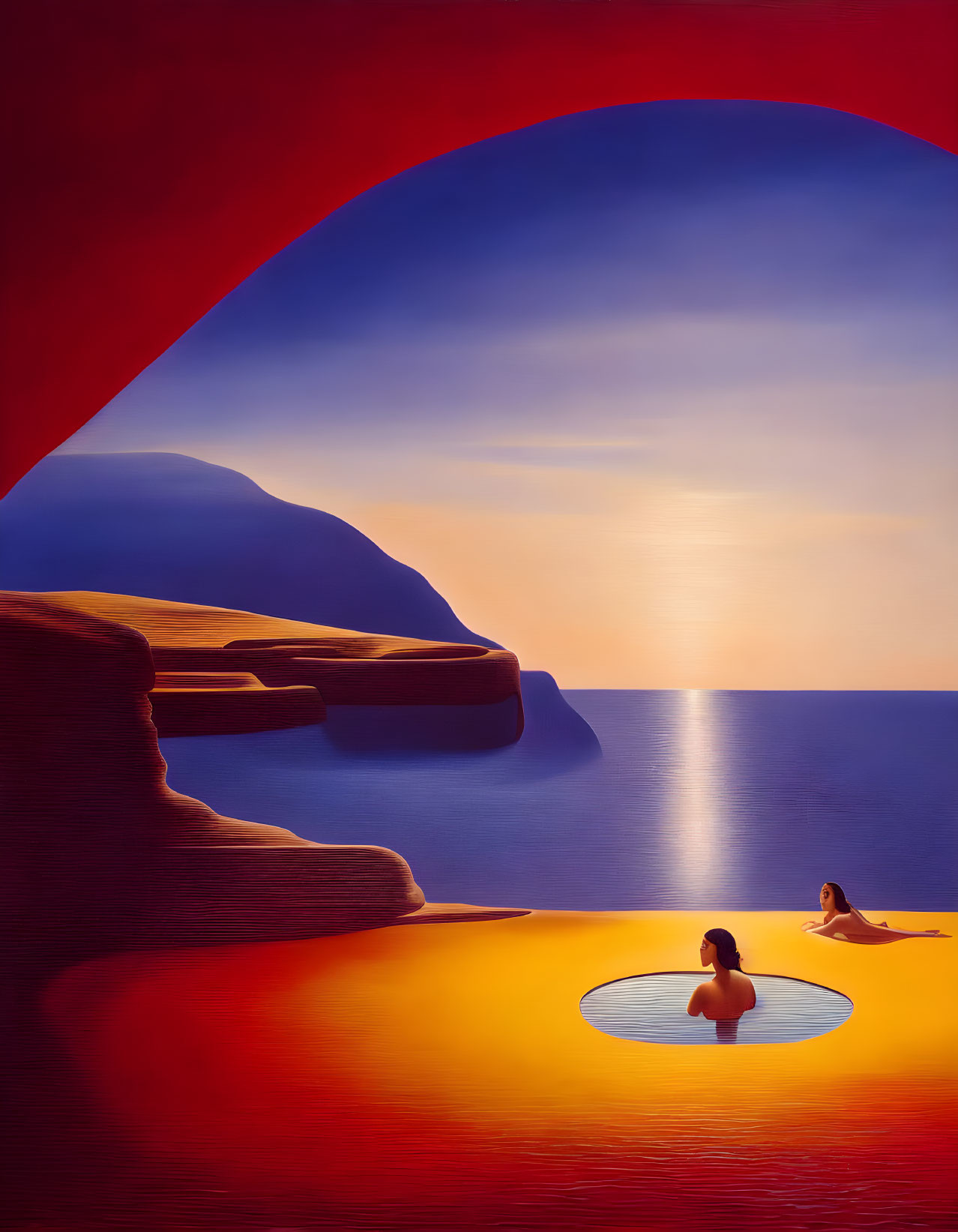 Surreal sunset ocean landscape with relaxing figures in pools