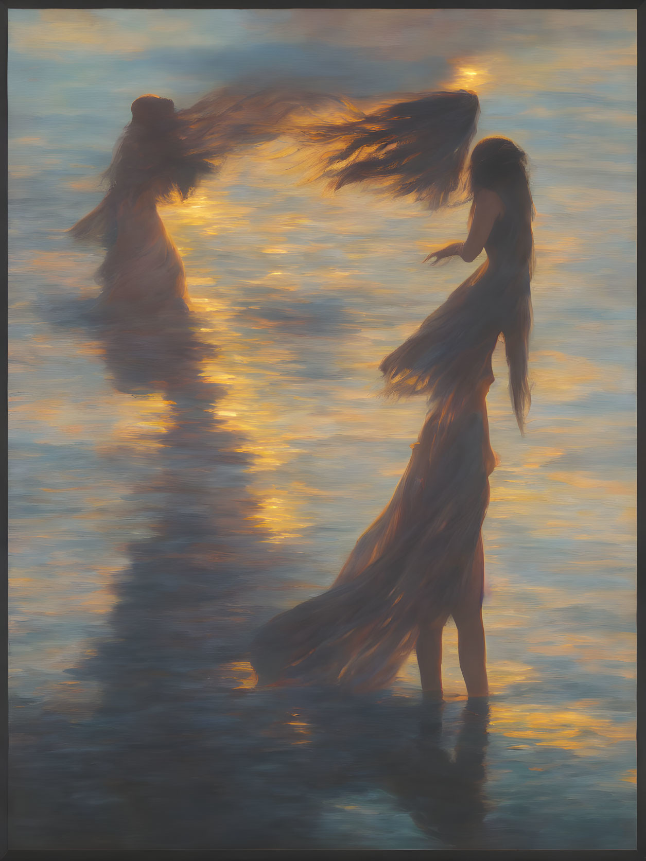 Ethereal figures in flowing gowns bathed in golden light standing in water