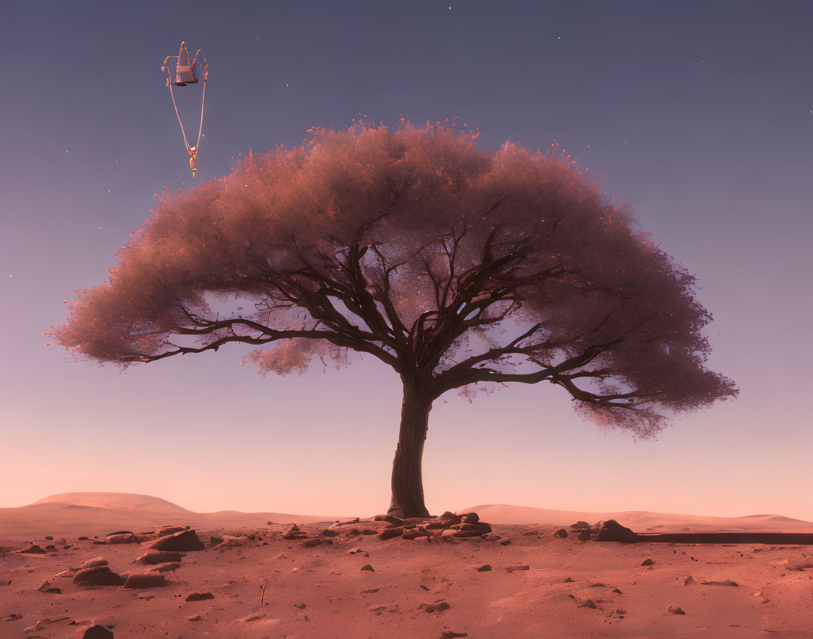 Solitary tree with dense canopy in tranquil desert landscape at dusk