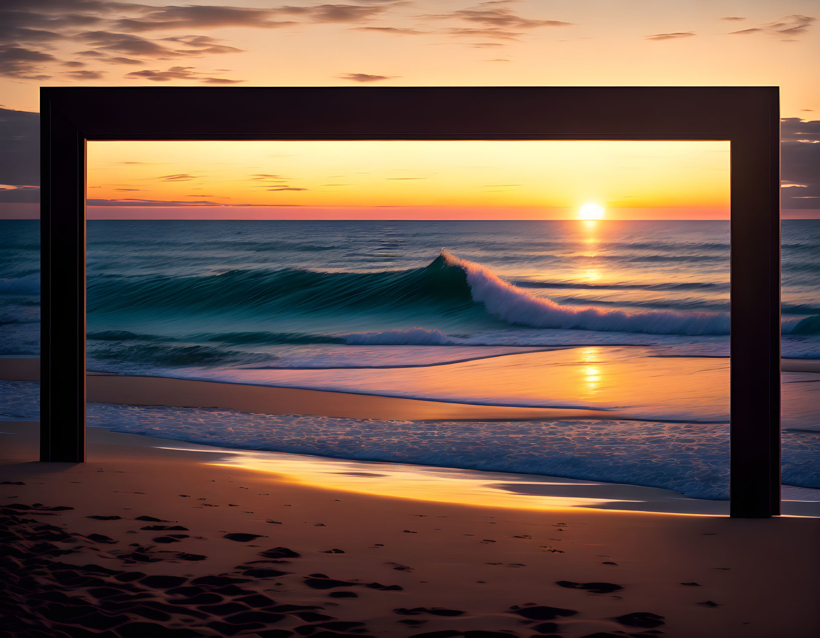 Beach sunset framed by large structure, casting warm hues on sand and sea