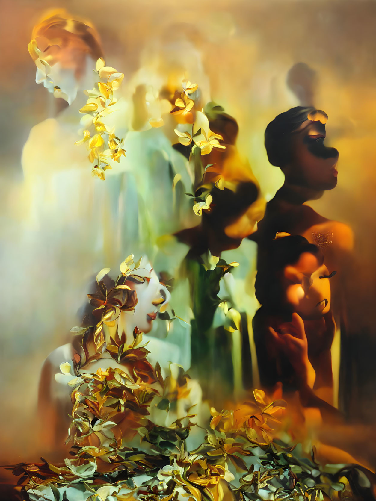 Ethereal artwork: multiple faces obscured by golden flora on warm, misty backdrop