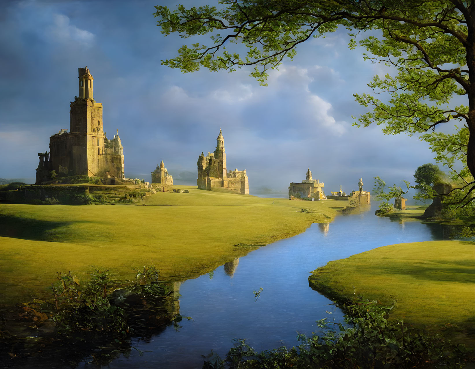 Tranquil landscape with serene river, lush greenery, and distant ruins