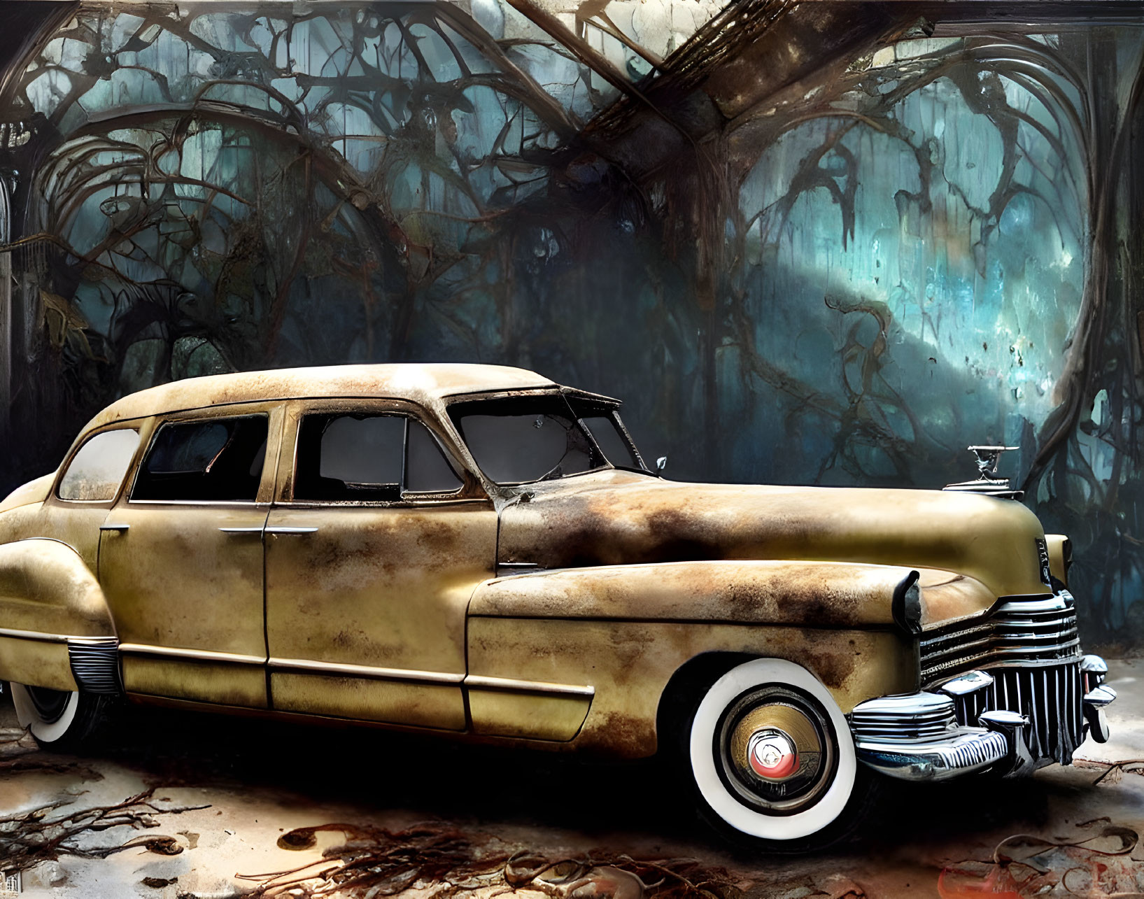 Vintage Golden Car in Surreal Dilapidated Setting