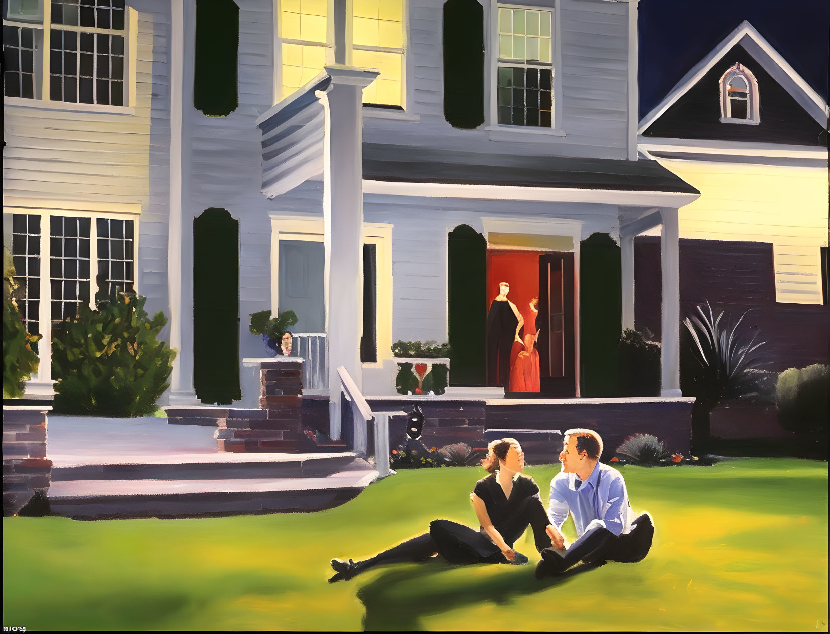 Two Individuals Sitting on Lawn at Dusk in Front of House with Porch and Columns