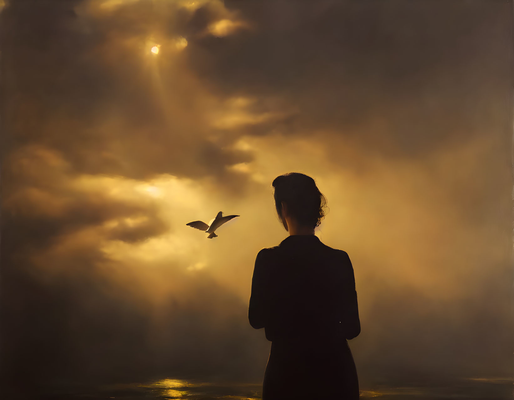 Silhouetted person against golden sky with bird and sun peeking through