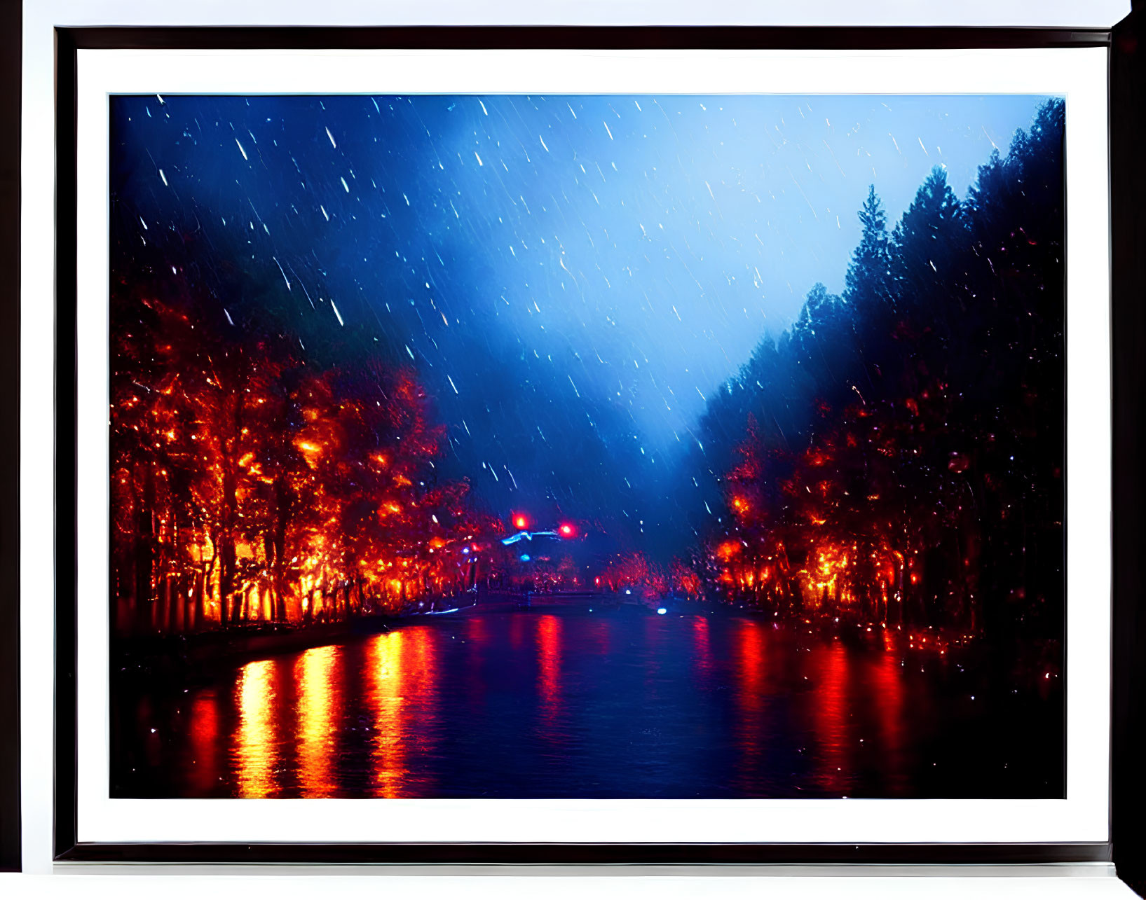 Luminous nighttime scene with trees along riverbank under star-streaked sky