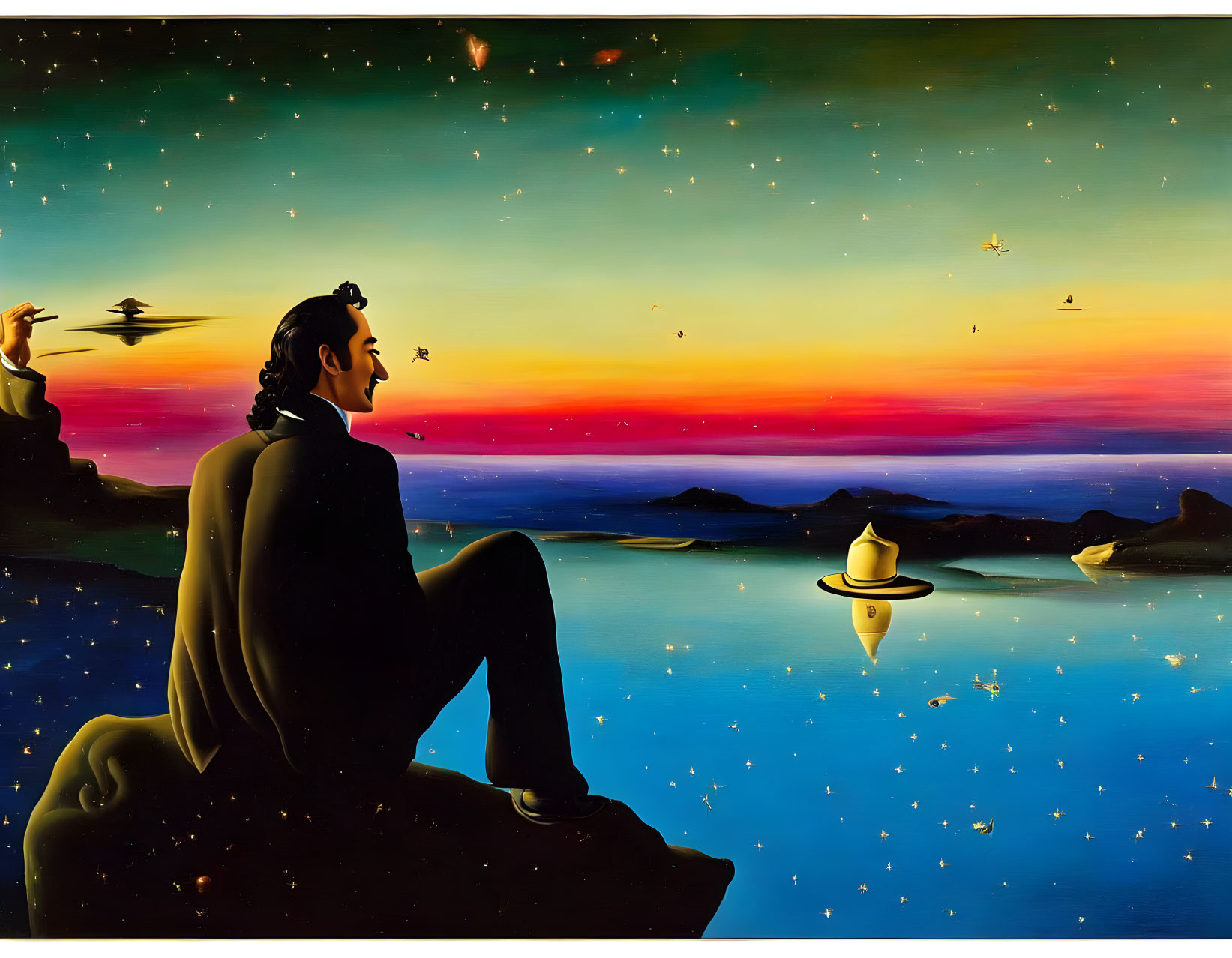 Surreal painting: man on rock by sea, day to night sky, flying objects