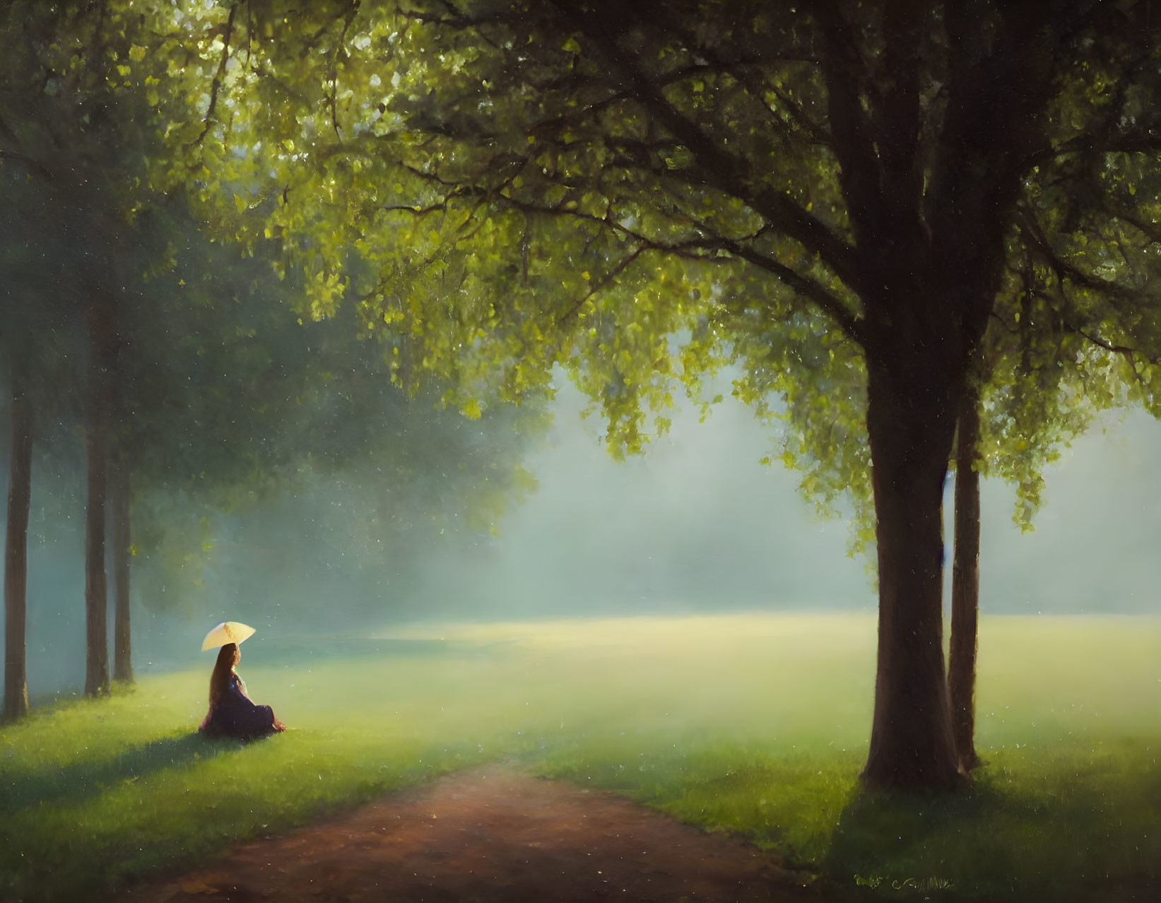 Person sitting under tree with umbrella on serene sunlit path surrounded by misty trees