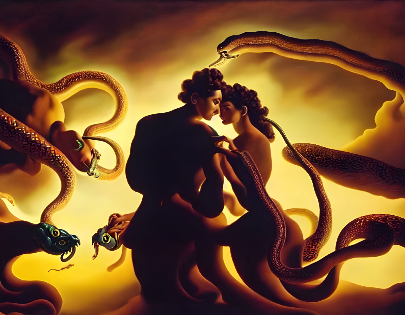 Entwined figures embrace amidst serpentine creatures in warm sunset scene