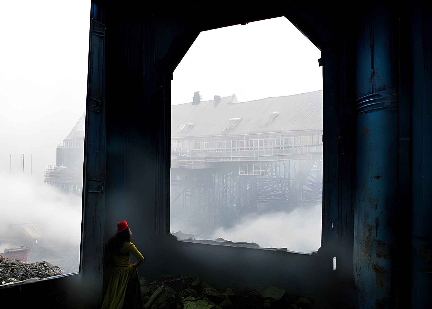 Person in Yellow Hat by Blue Doorway in Foggy Scene