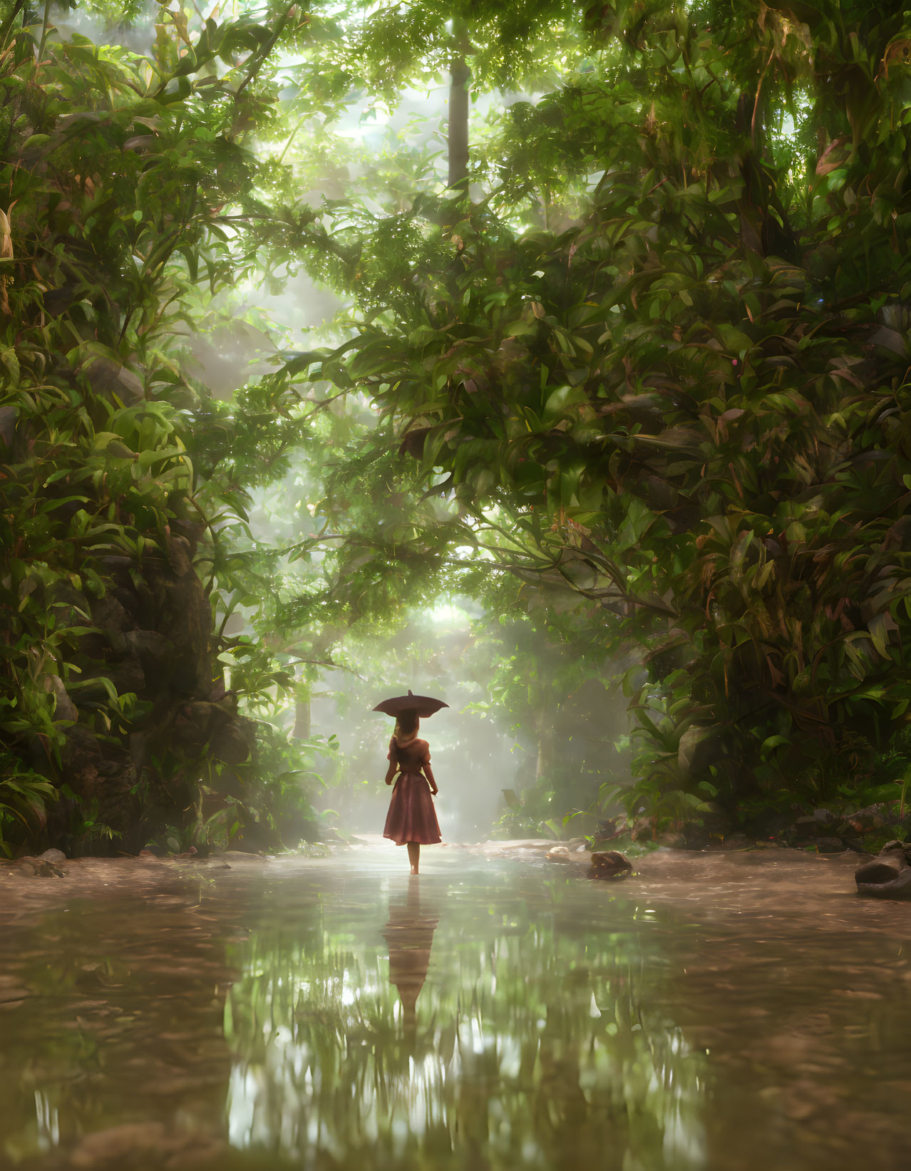 Traditional Attire Figure in Tranquil Jungle Stream