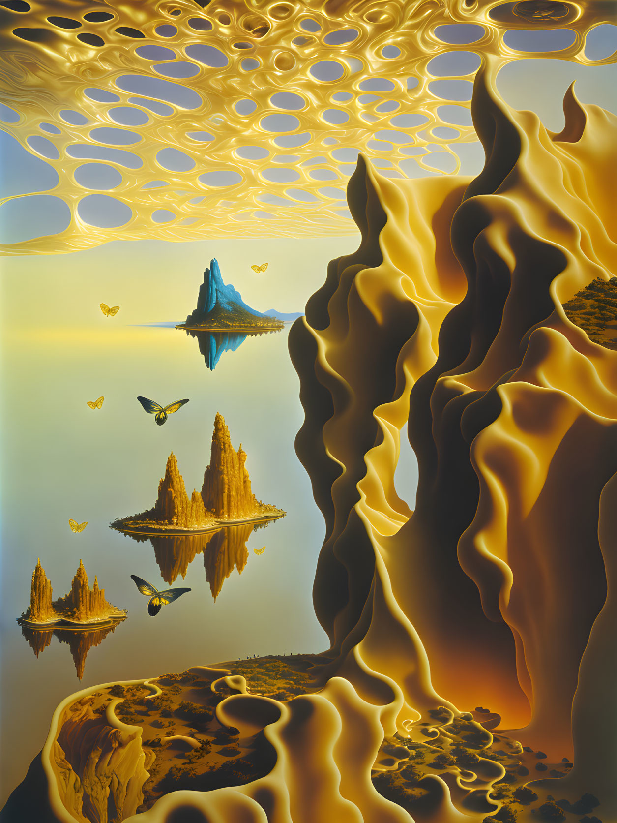 Surreal landscape featuring golden cliffs, reflective water, butterflies, and honeycomb sky