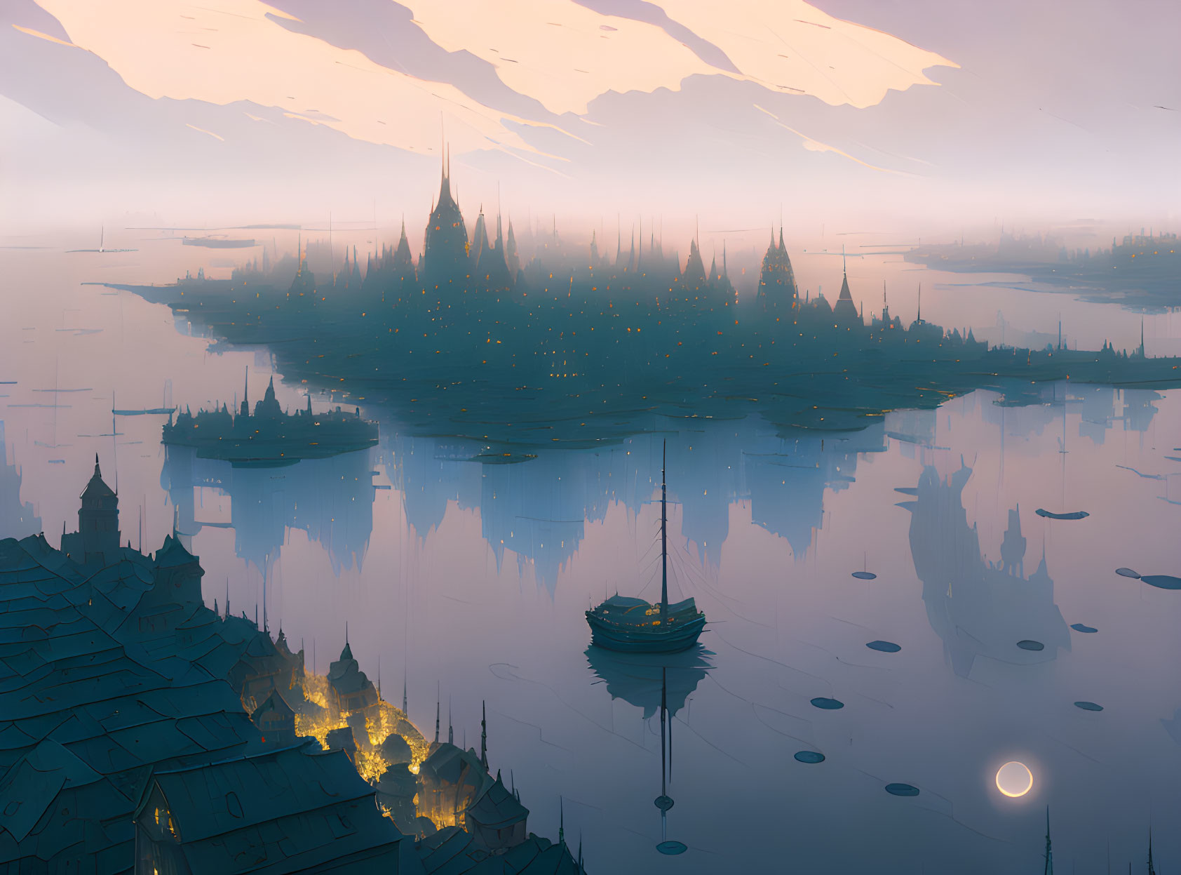 Fantasy cityscape at dusk with glowing lights, boat, and mountain backdrop.