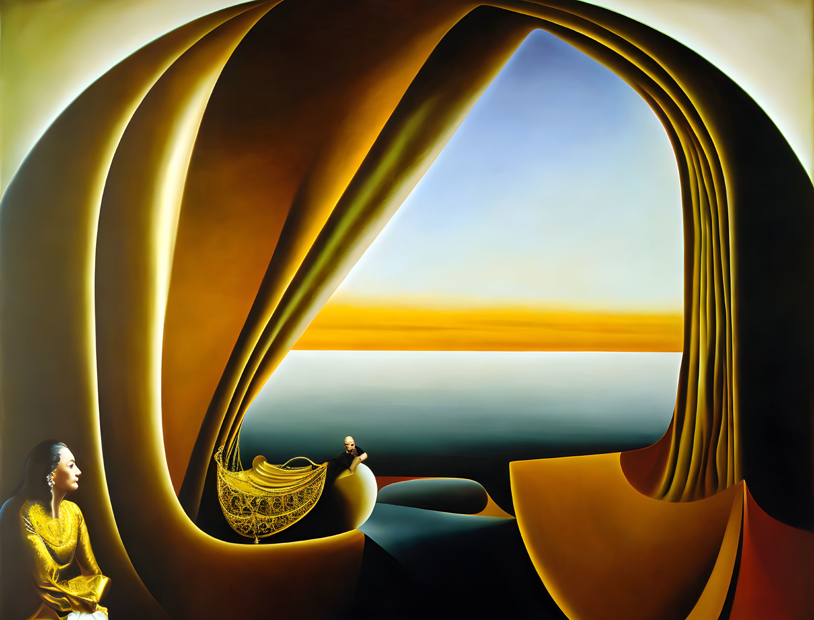 Surreal painting: Woman, boat, abstract shapes, sunset seascape