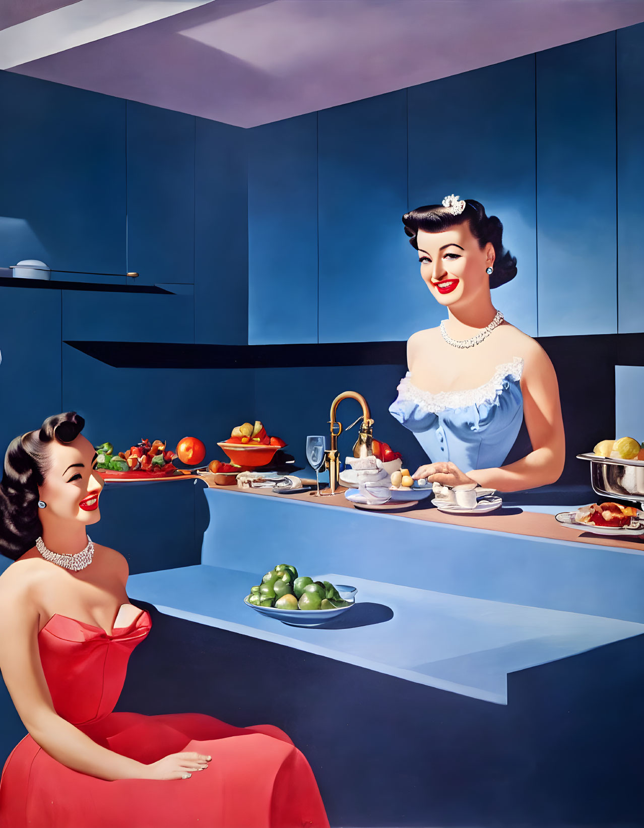 Vintage dresses: Smiling women in retro kitchen