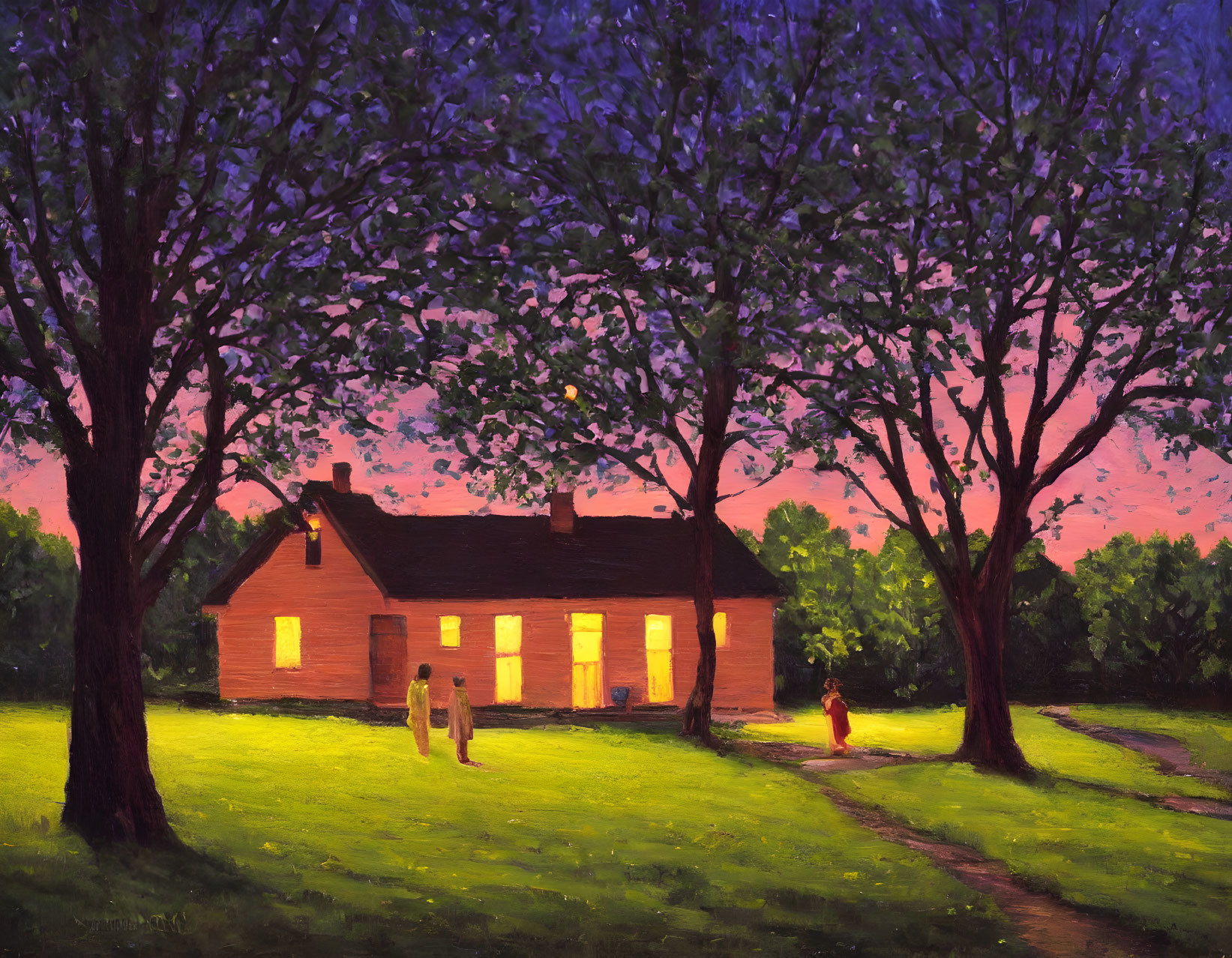 Twilight painting of cozy house with warm skies and silhouettes