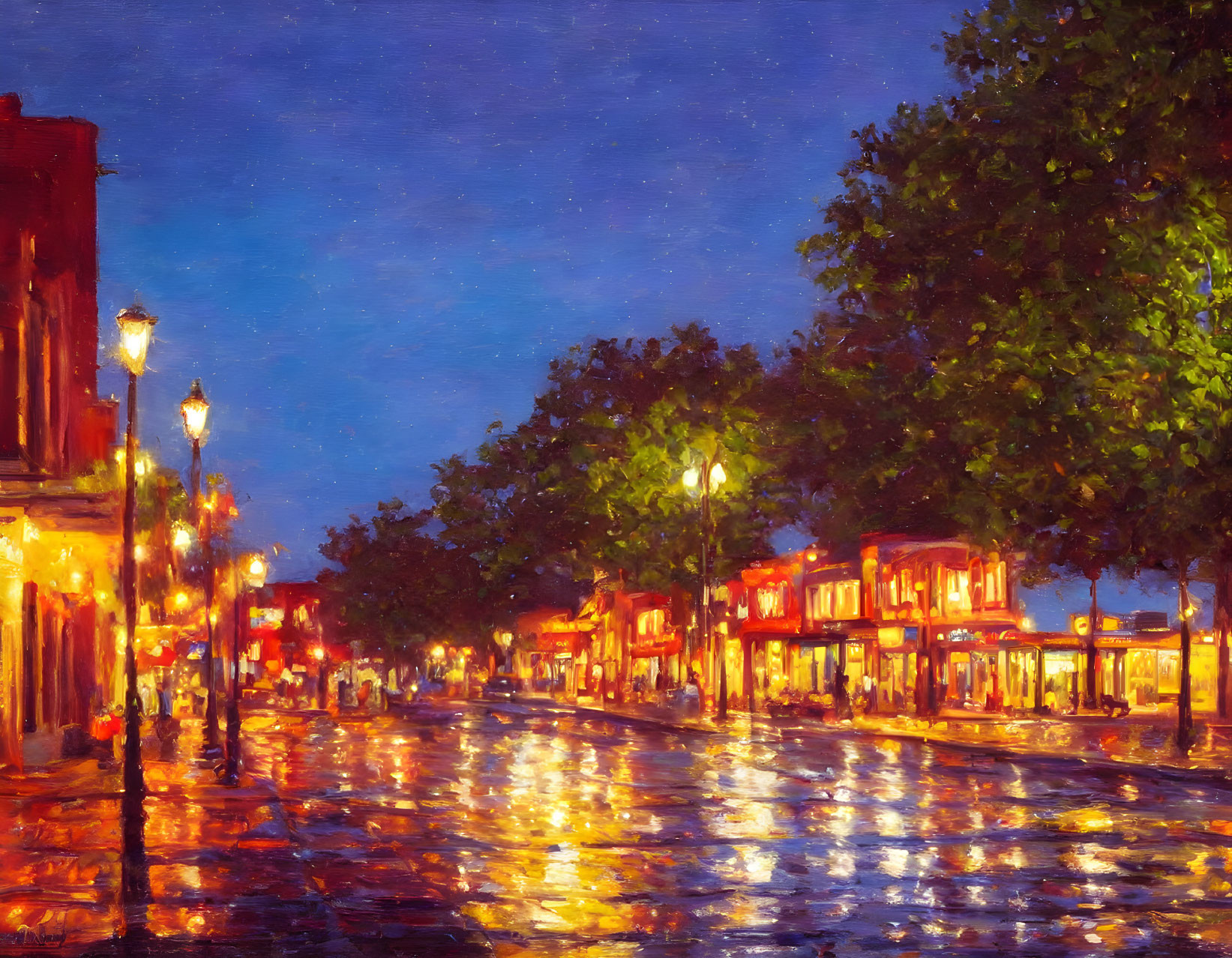 Impressionist painting of rain-soaked street at dusk