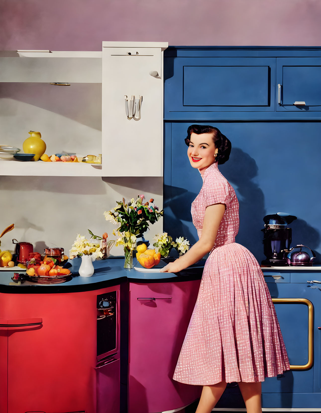 Woman in Pink Dress Holding Oranges in Vintage Kitchen