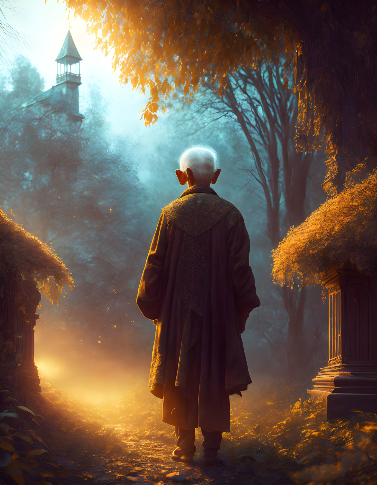 Elderly person on misty autumn path near glowing tower