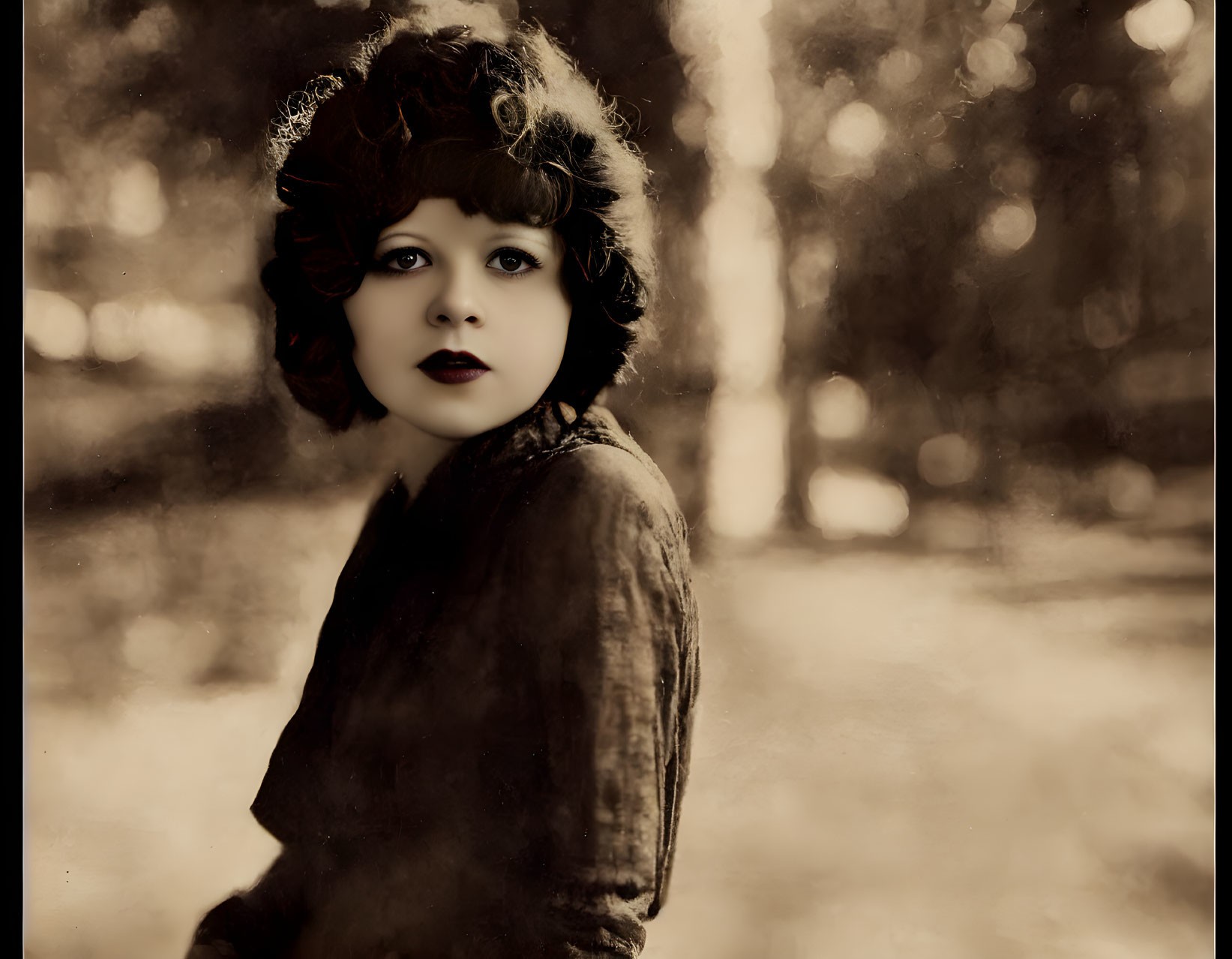 Sepia-Toned Vintage Portrait of Woman with Curly Hair and Striking Makeup