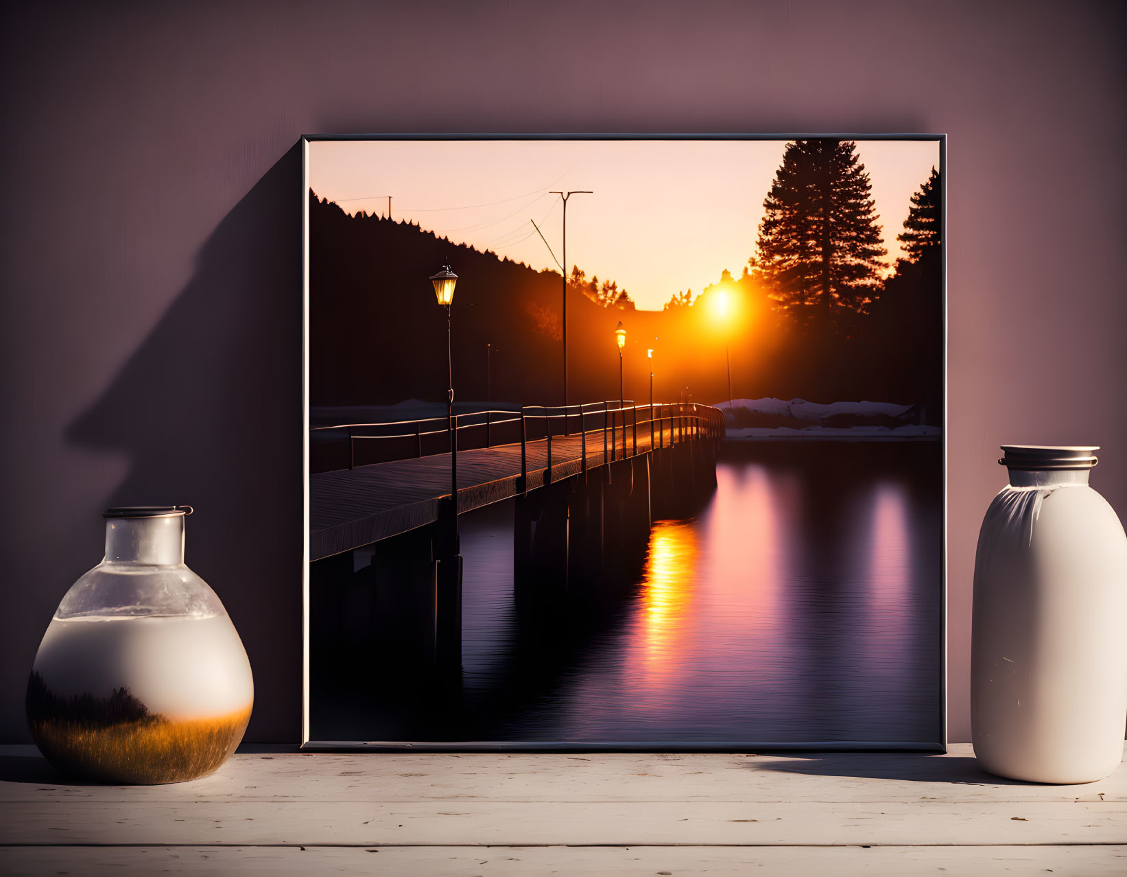 Tranquil sunset reflection in large square frame with vases