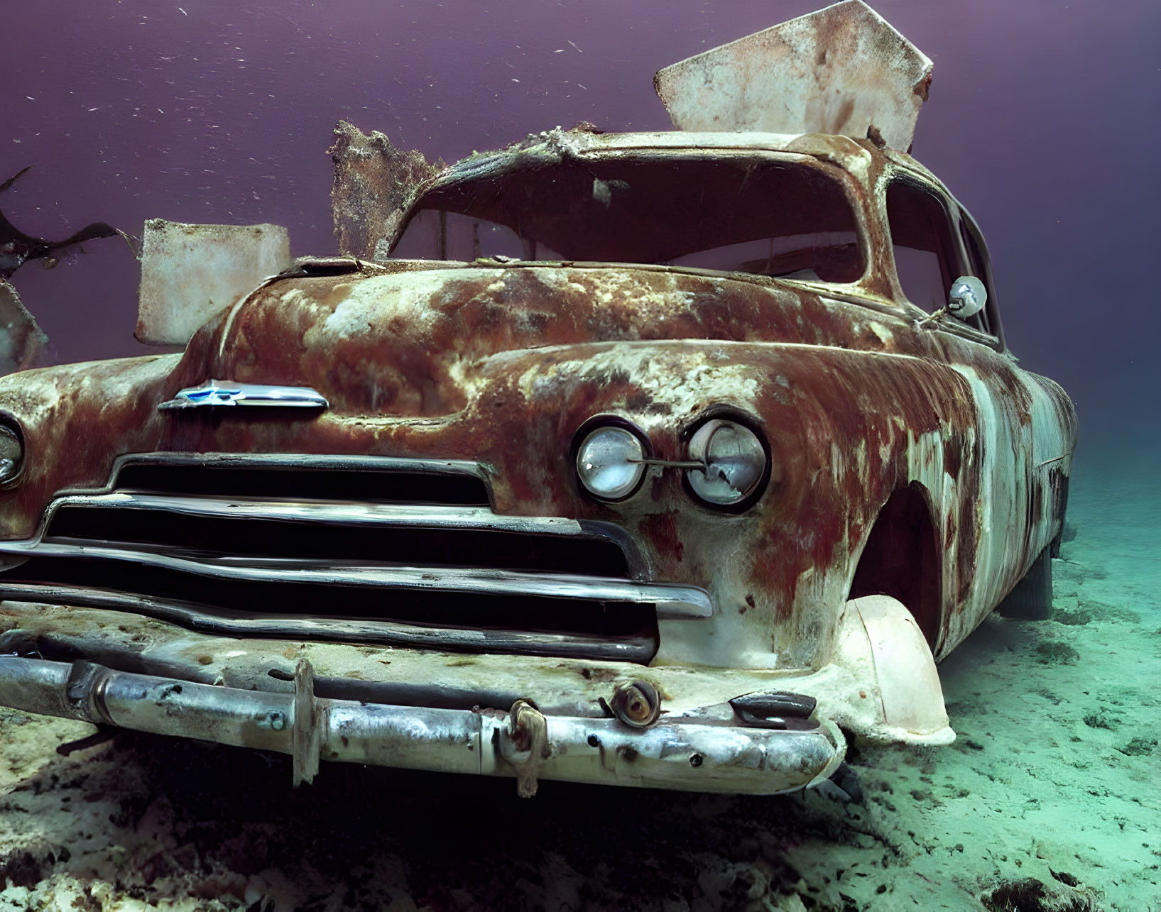 Vintage Car Submerged Underwater with Corrosion and Marine Growth