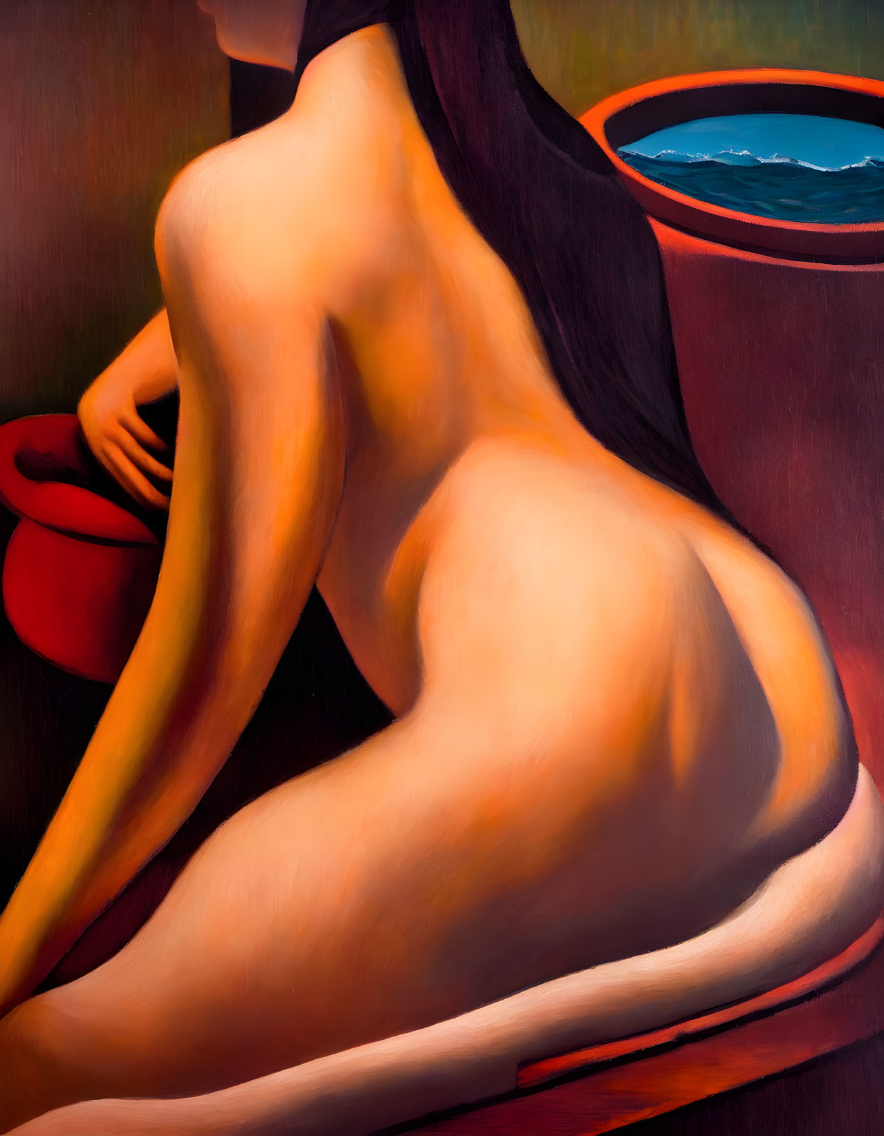 Seated nude female figure next to cylindrical seascape object