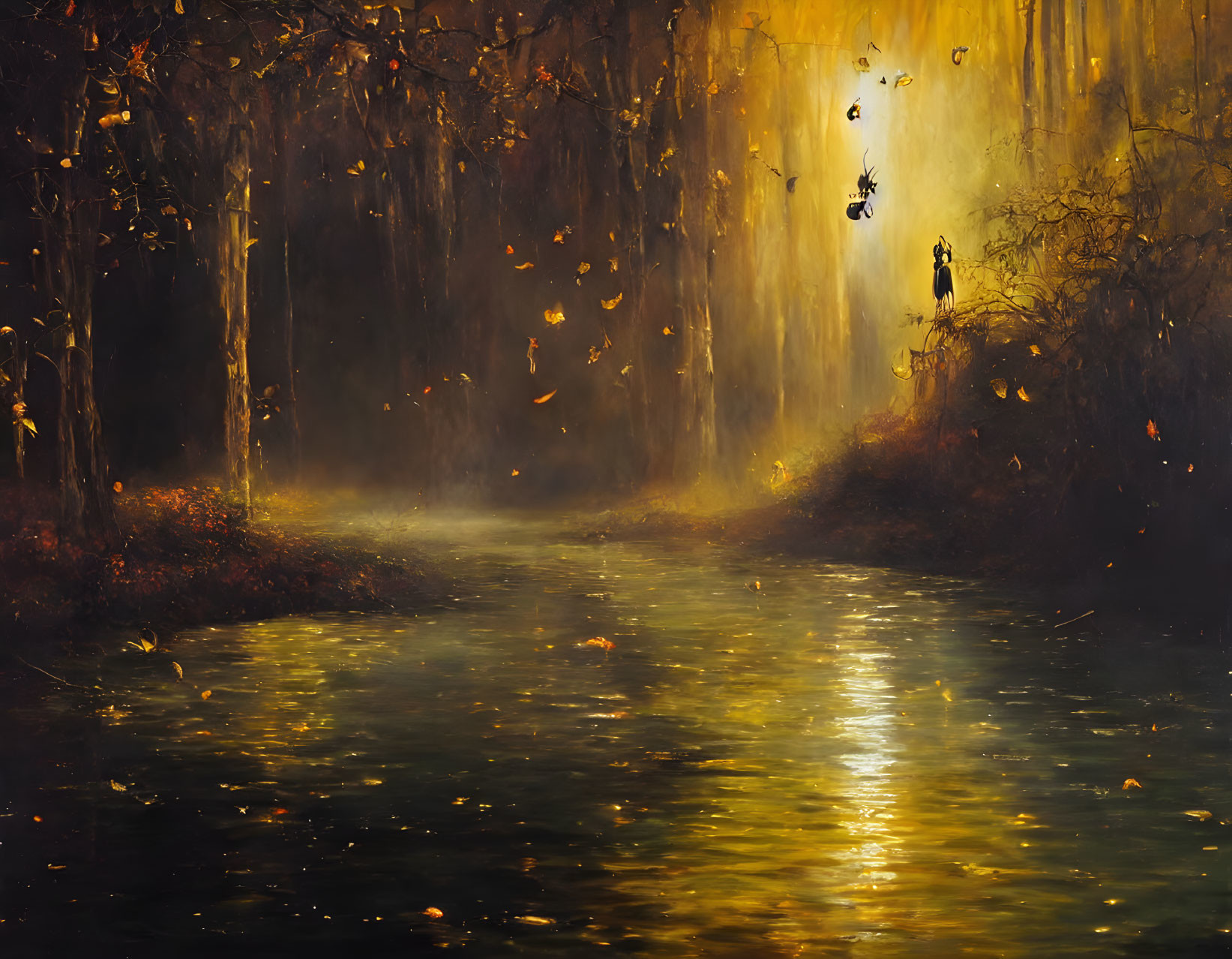 Golden-lit autumn forest with serene river and dancing silhouettes.