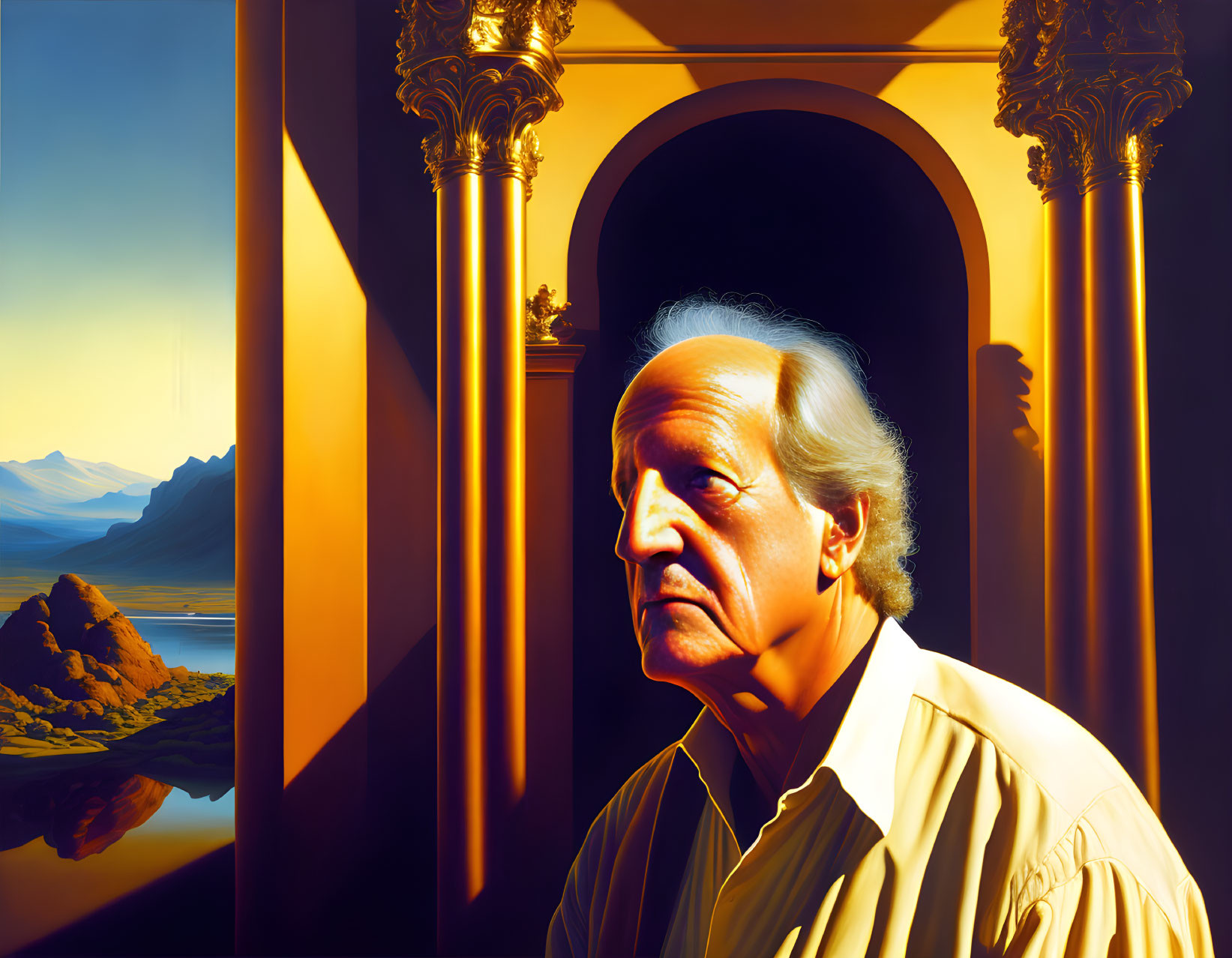 Elderly man with solemn expression in classical setting