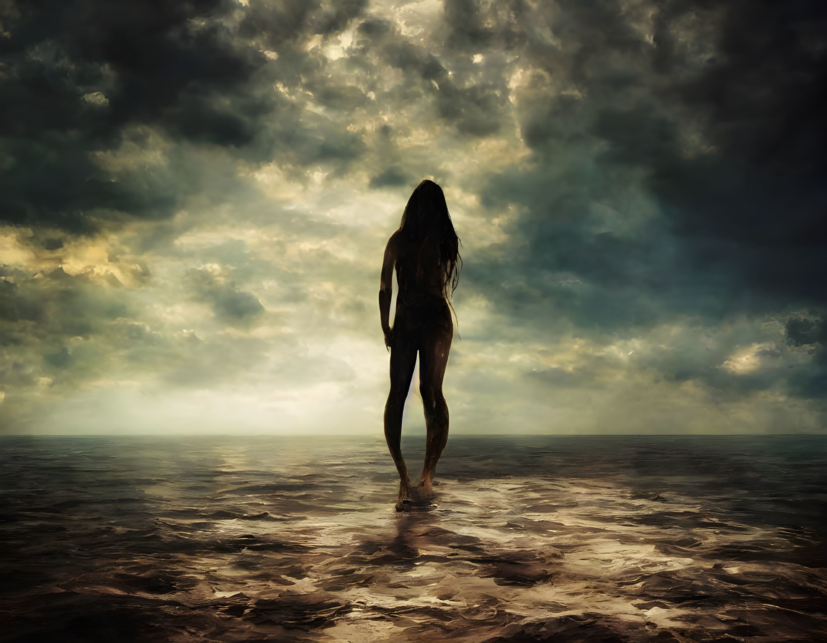 Silhouette of person in shallow water under dramatic cloudy sky