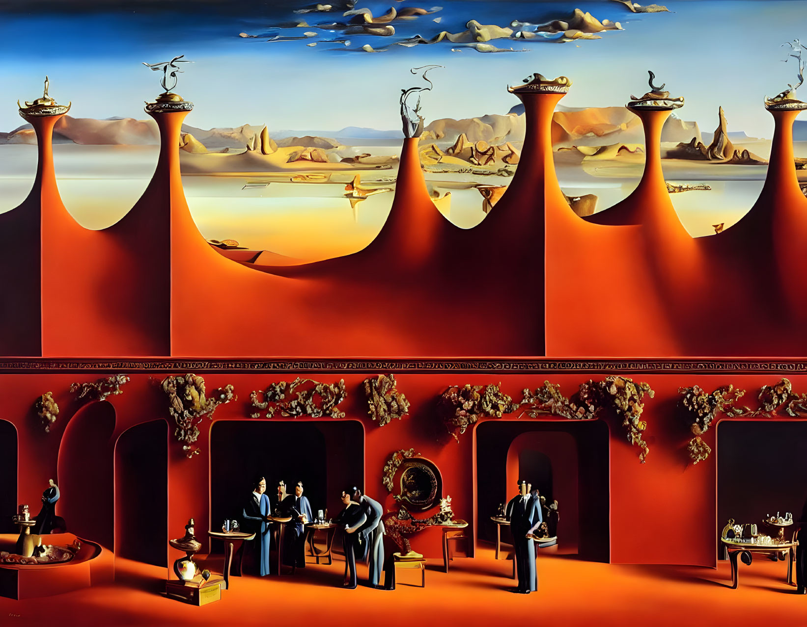 Surrealist painting with arched rooms, melting clocks, and desert landscape