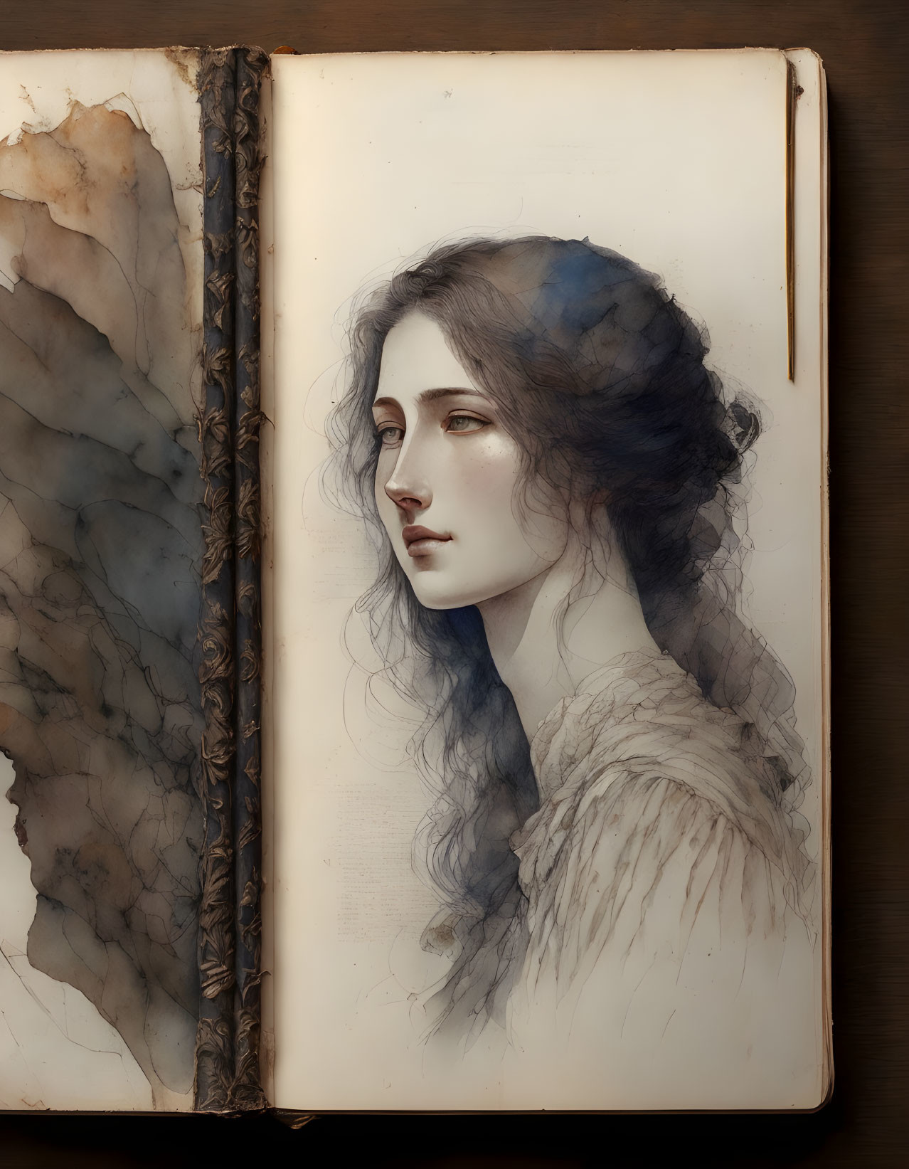 Ethereal pencil portrait of a woman on weathered open book