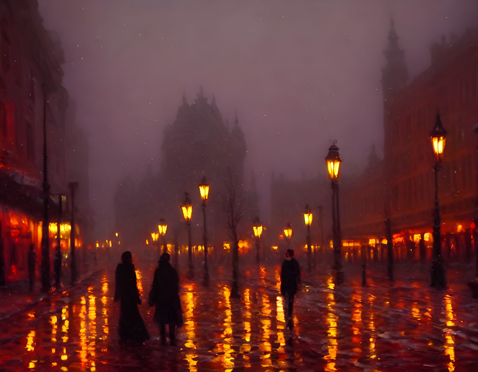 City street at night: misty, illuminated with glowing streetlamps and wet cobblestones.