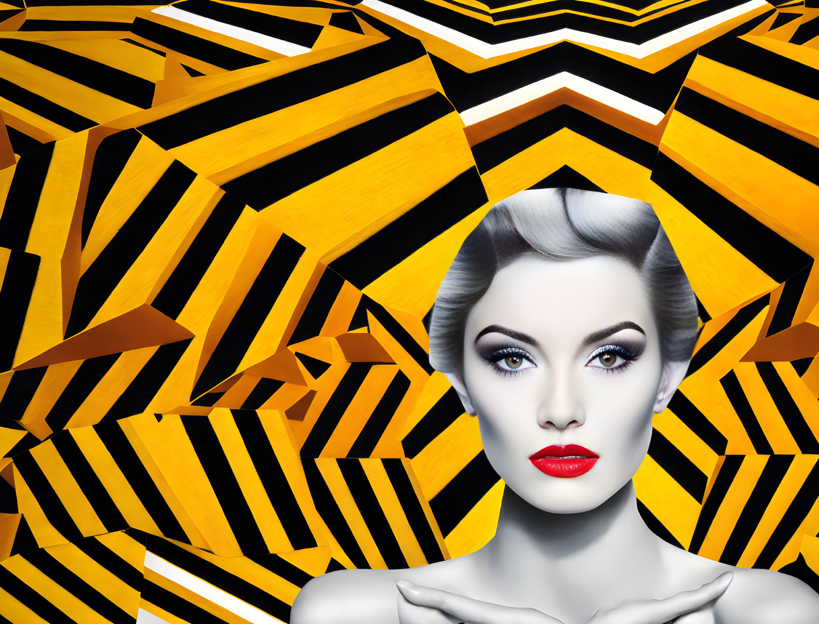 Woman with Red Lipstick in Classic Makeup on Abstract Black and Yellow Background