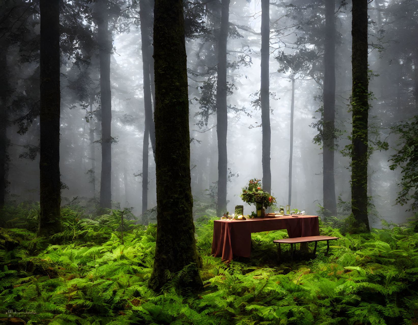 Misty forest scene with elegantly set table amid lush greenery