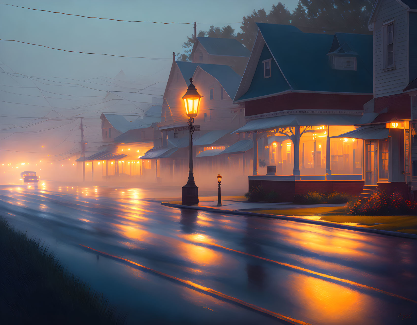 Victorian houses on misty dusk street with glowing streetlamp and car headlights