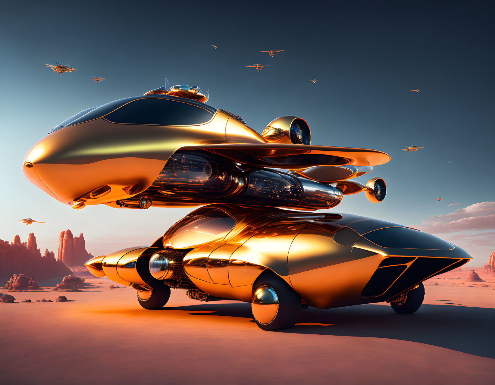 Golden levitating vehicles in desert landscape under clear sky