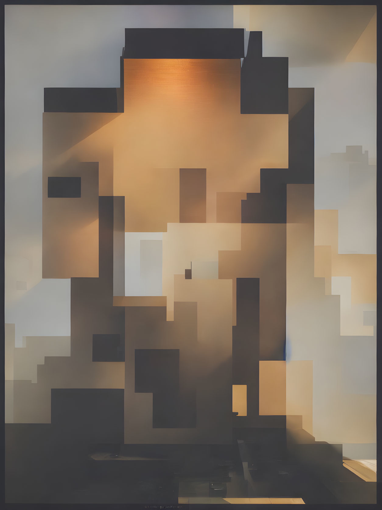 Abstract canvas with pixelated beige, brown, and orange shades hinting at stylized city skyline.