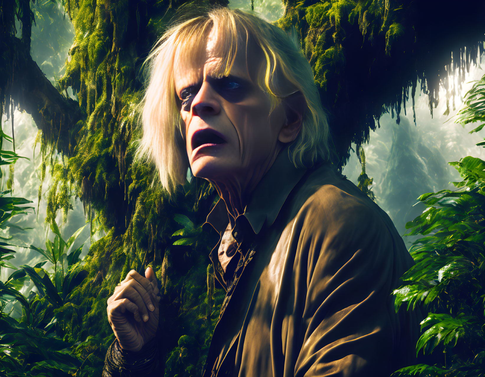 White-haired man with dramatic makeup in misty forest with haunting gaze