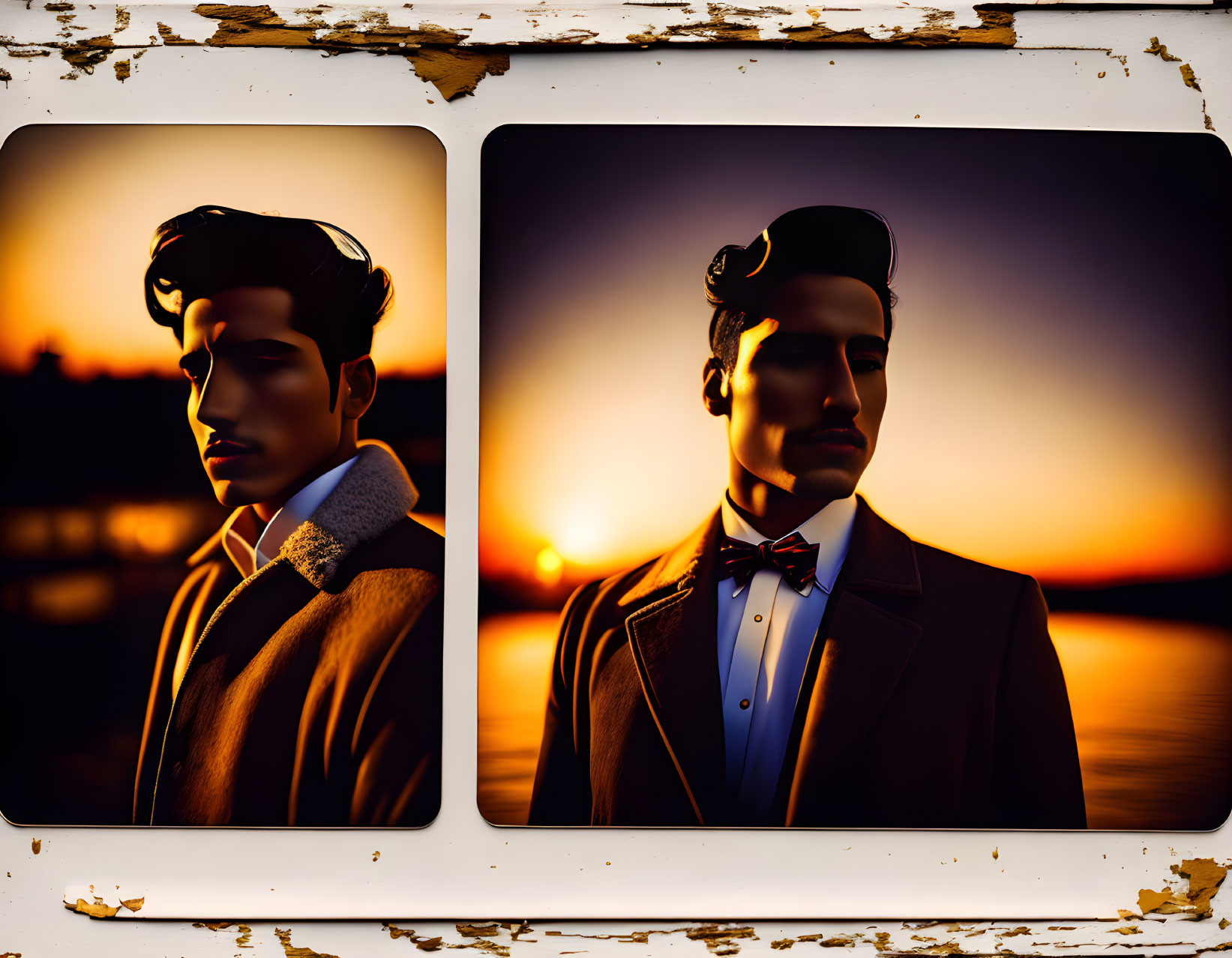 Stylized portraits of a man in a coat and bow tie against a sunset with warm colors and