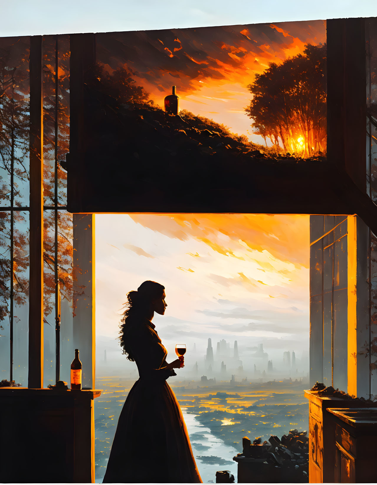 Silhouetted woman by window with vibrant cityscape sunset scene.