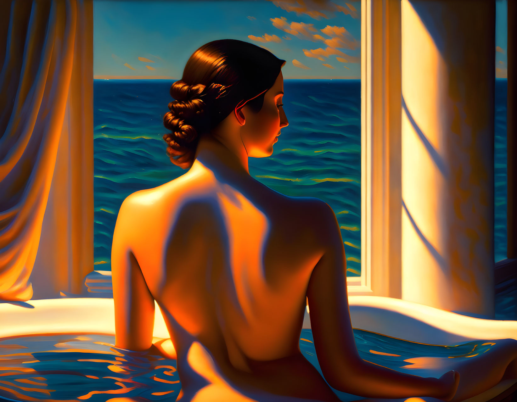 Woman gazes at golden seascape through window