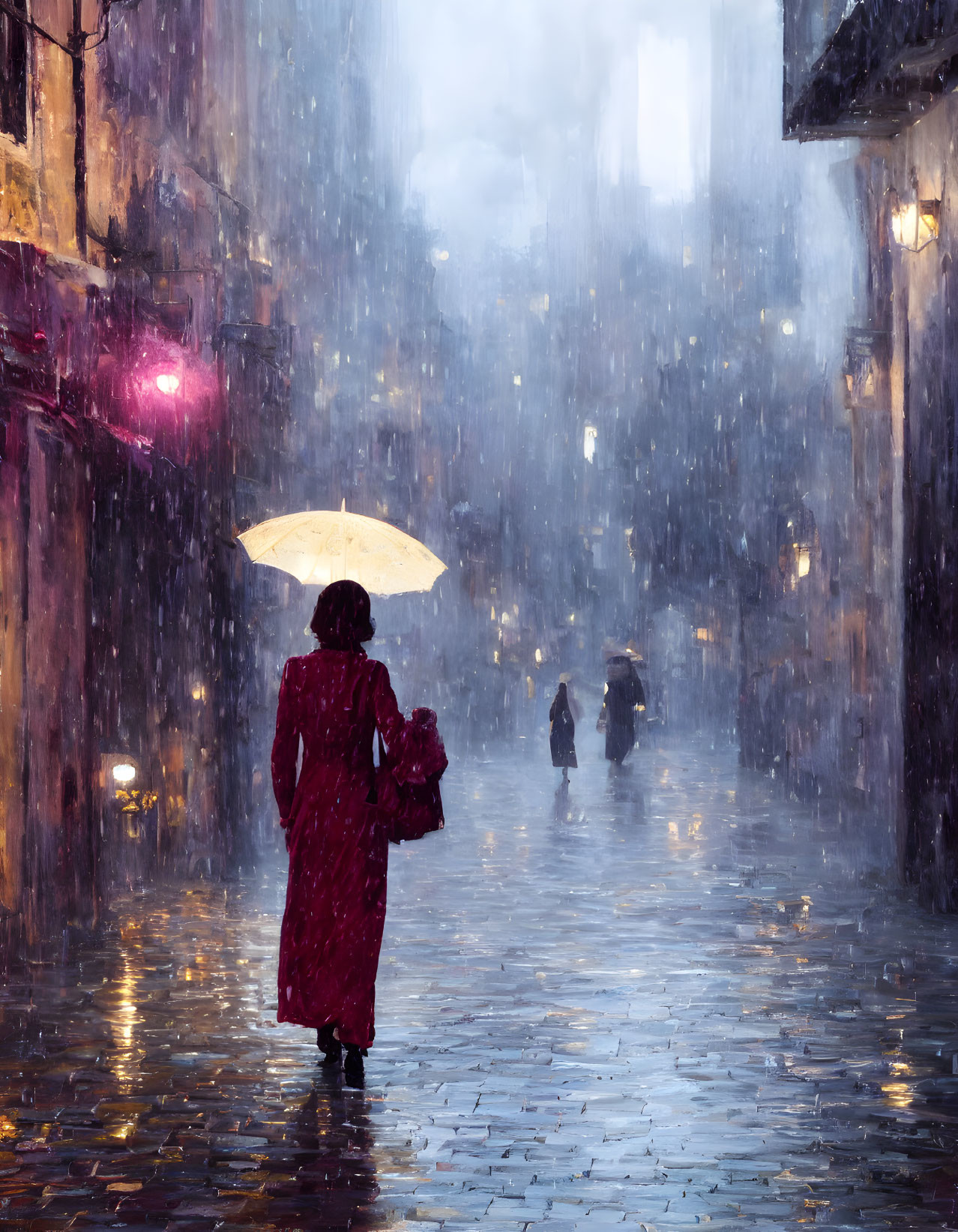 Person in Red Coat with Yellow Umbrella Walking in Rainy City Street